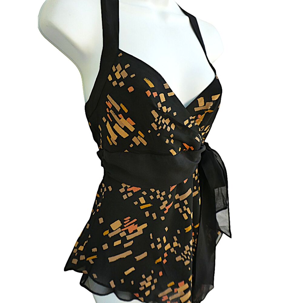 SiLK BCBGMaxAzria Halter Top Chic Side Tie Sash Abstract Dash Print Asym Hem XS